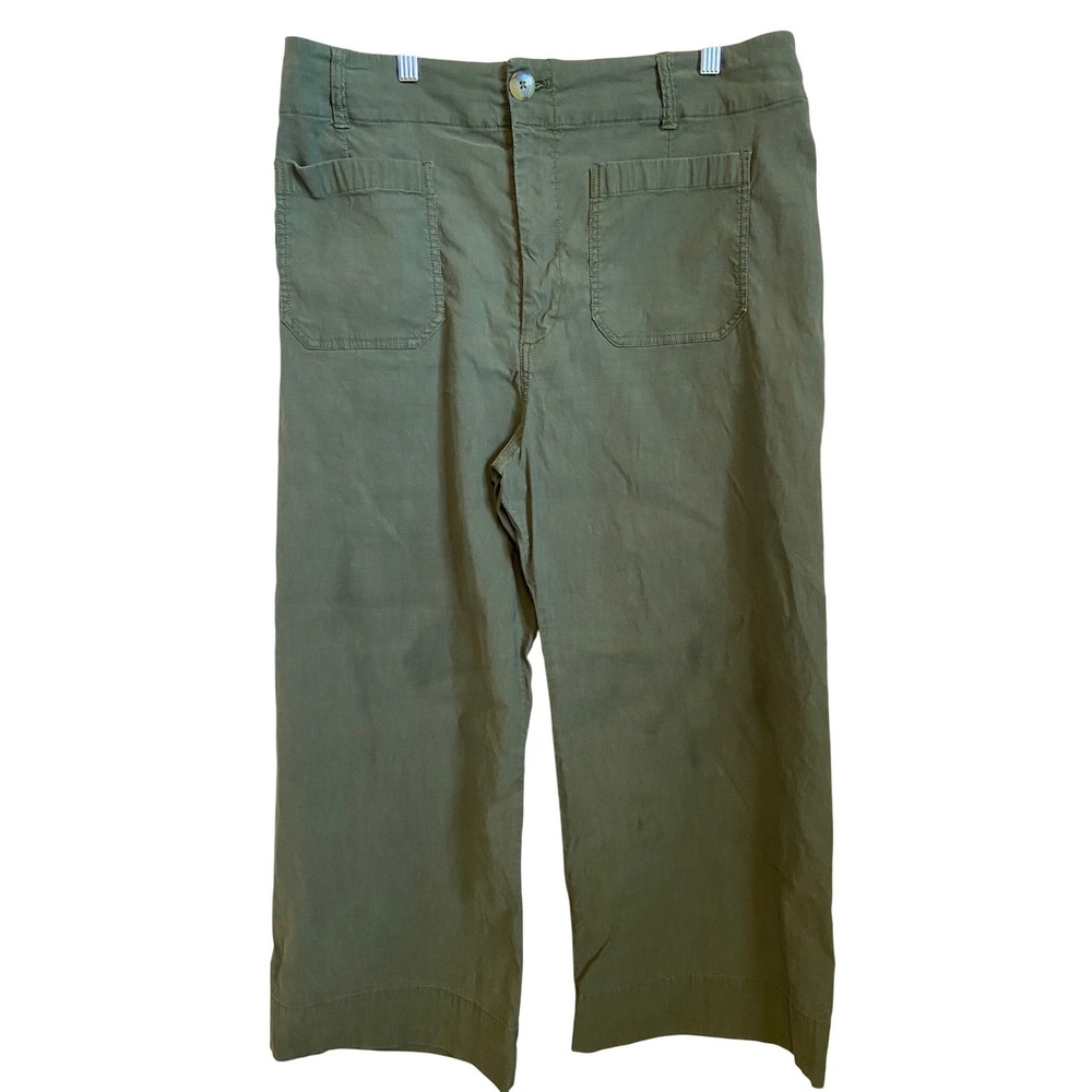 Maeve Anthropologie The Colette Wide Leg Cropped Pants Green Cotton Linen 34